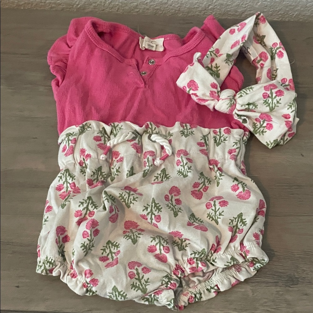 Charming Pink Floral Kids Bodysuit & Headband Set